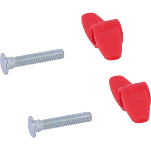 Ersatzschnellverschluss-Set für Rasenmäher: rote Kunststoff-Clips und Schrauben.