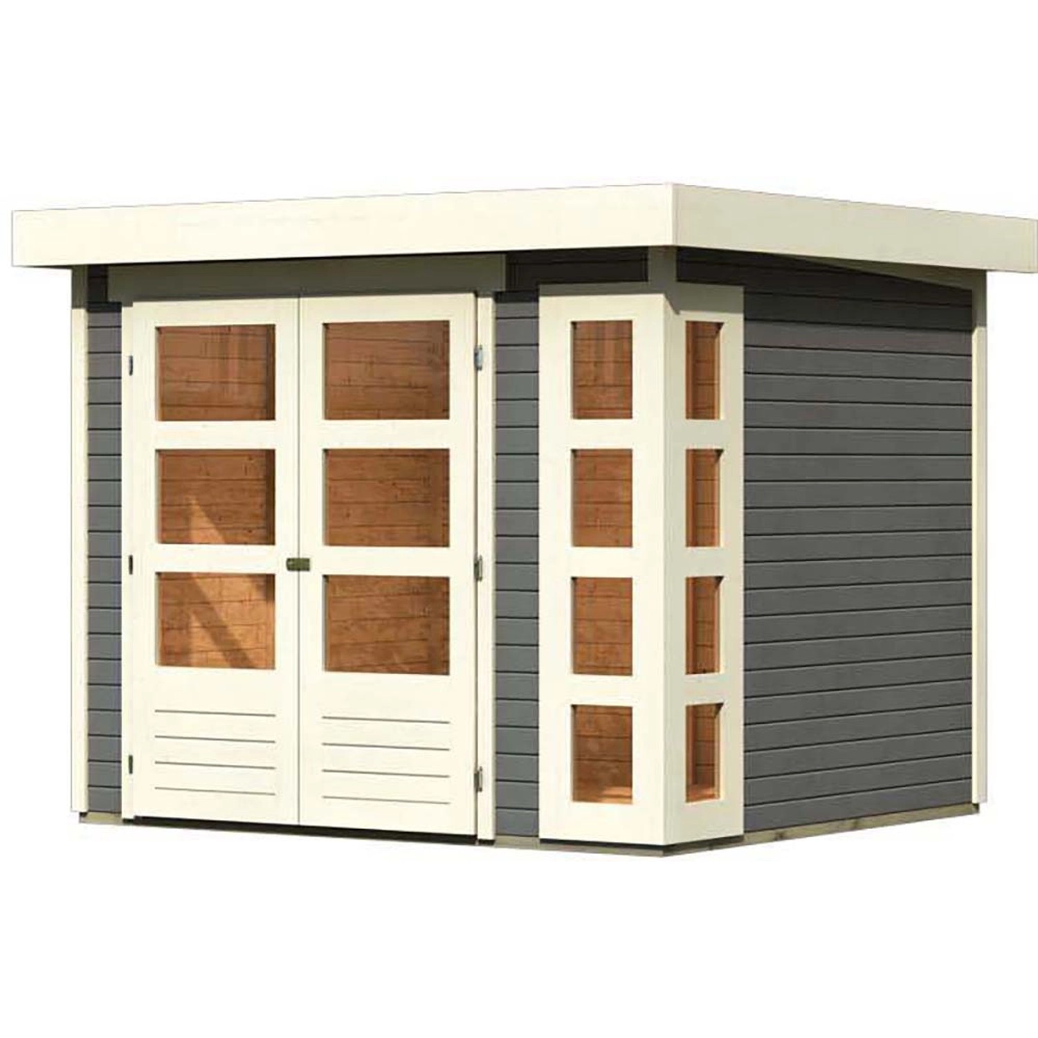 Terragraues Karibu Holz-Gartenhaus Sölve mit Flachdach und Doppeltür.