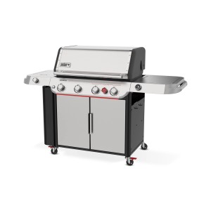 Weber Genesis SP-435W GBS Gasgrill, silberfarben, mit vier Brennern, Sear Zone und geschlossenem Unterschrank.