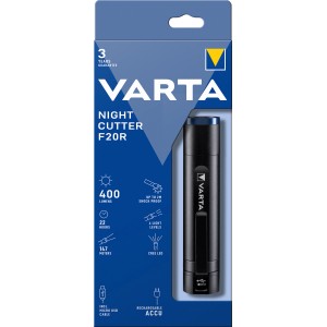 Varta Akku-LED-Taschenlampe Night Cutter F20R im Karton, Aluminiumgehäuse, spritzwassergeschützt, mit USB-Ladekabel.