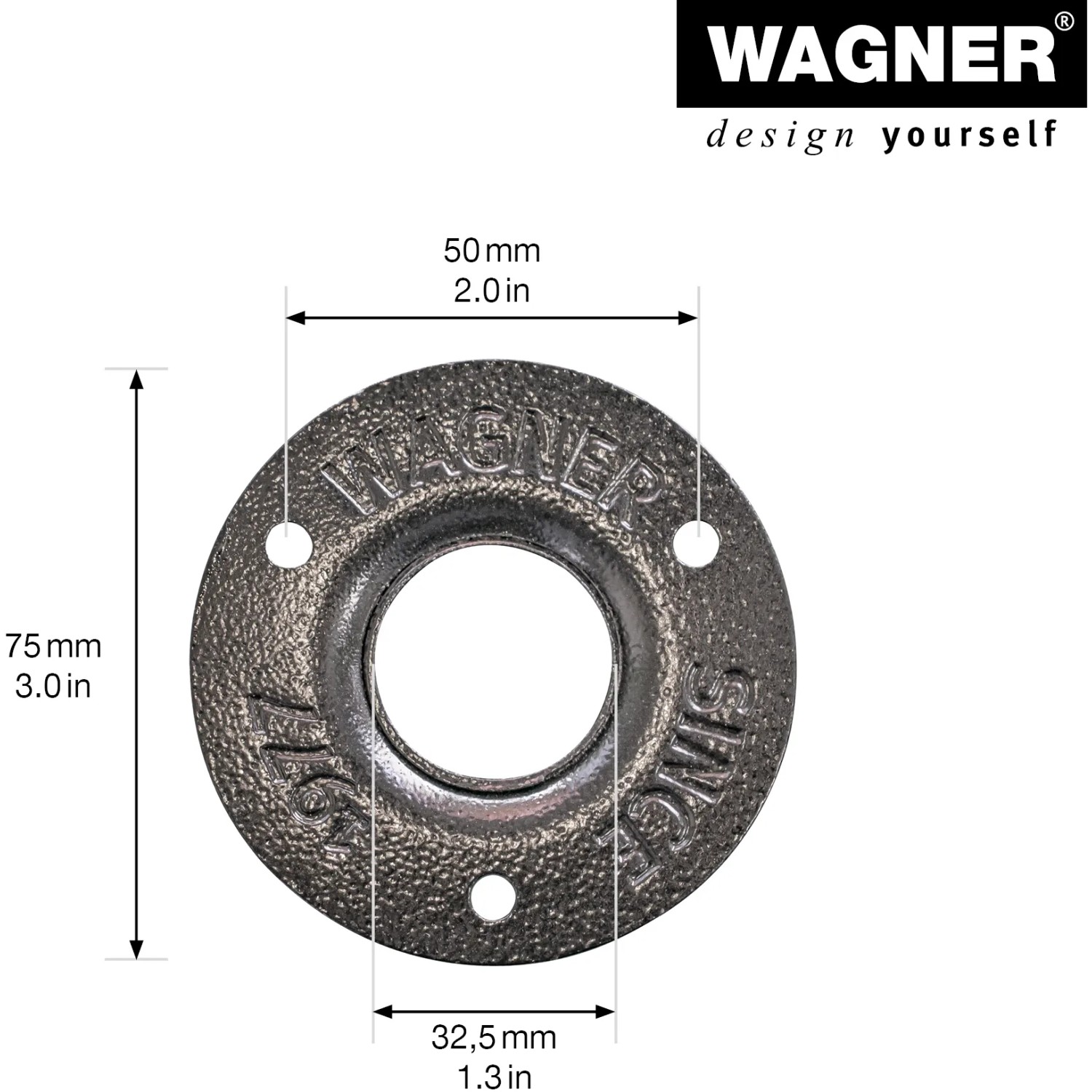 Schwarzes Wagner Möbelbein Industrial Pipe, Ø 32,5 mm, Länge 100 mm, Detailansicht der Anschraubplatte.