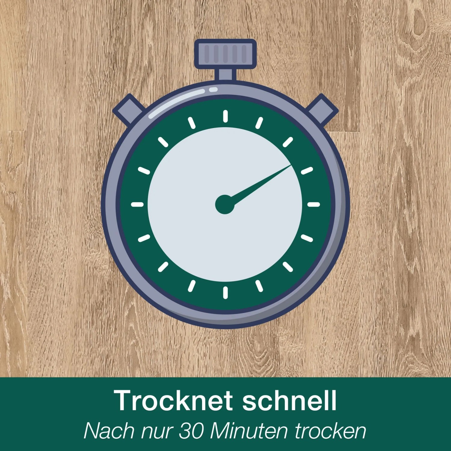 Stoppuhr auf Holzgrund zeigt schnelles Trocknen des Parkett Fugenkitts in 30 Minuten.