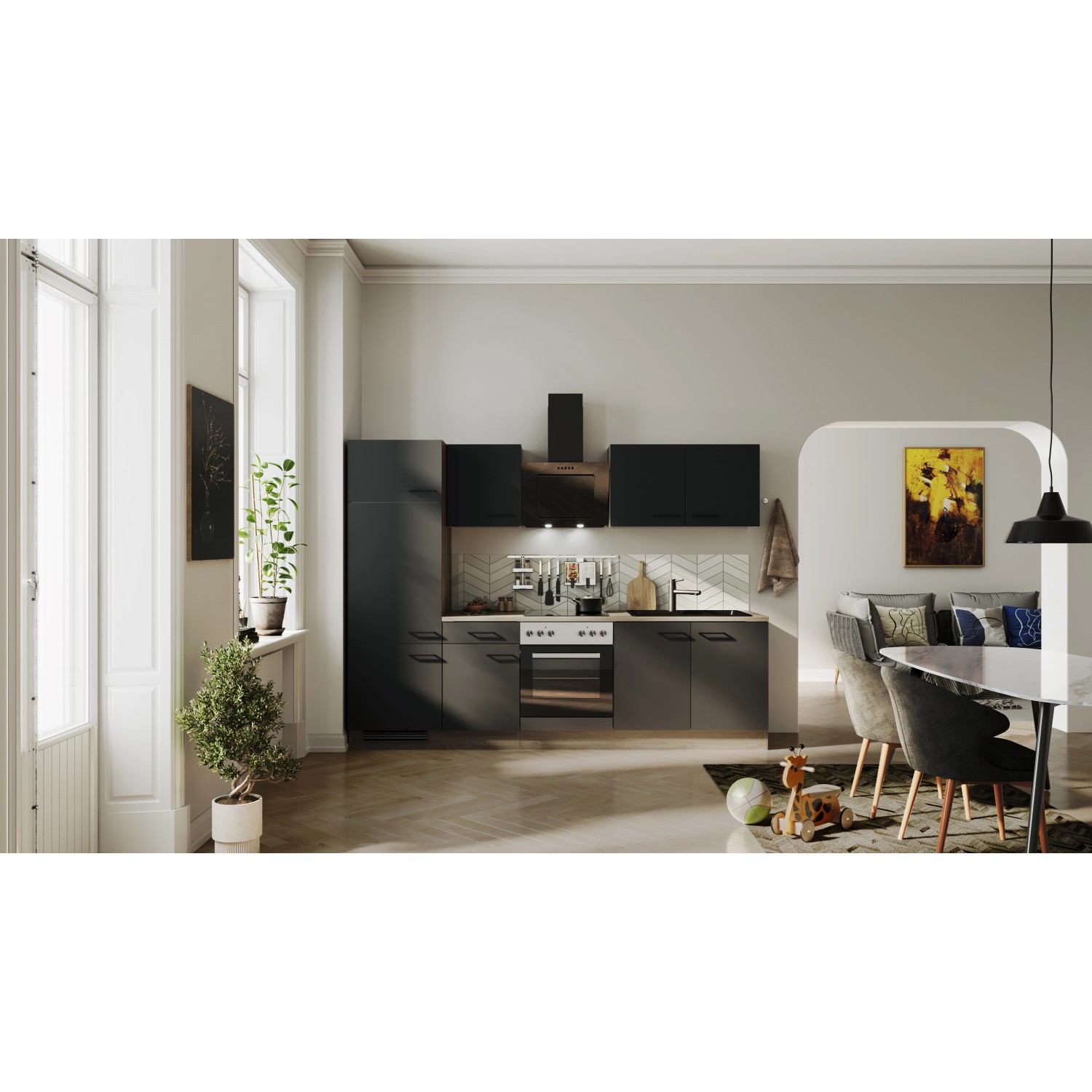 Flex-Well Exclusiv Küchenzeile Capri 270 cm Schwarz Matt-Endgrain Oak_3