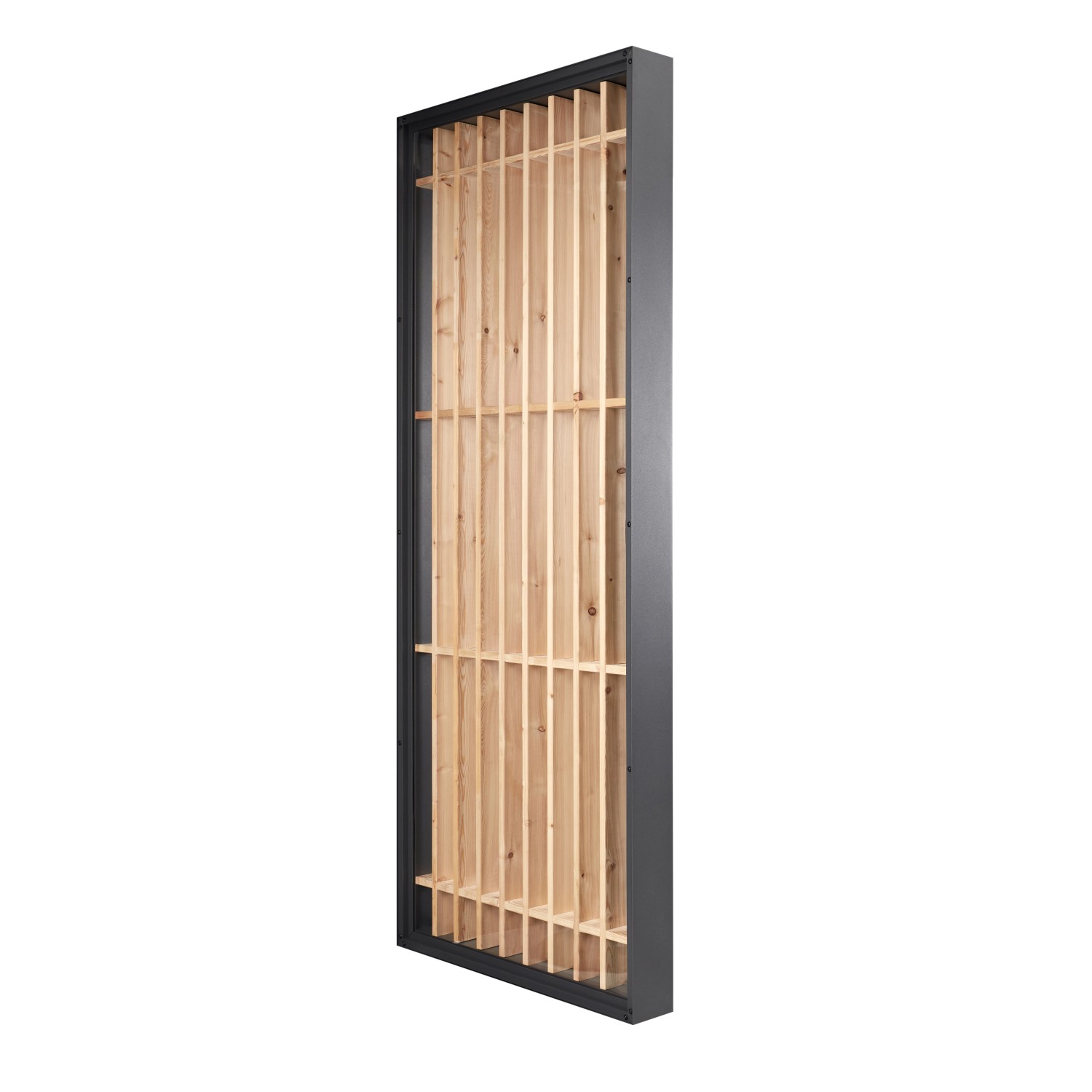 Gutta Seitenteil für Vordach BS Timber-Line, Echtholz-Lamellen in schwarzem Rahmen.