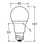 Technische Zeichnung Osram LED E27 Leuchtmittel, Glühlampenform, Maße: 11,3 x 6 cm (H x Ø).
