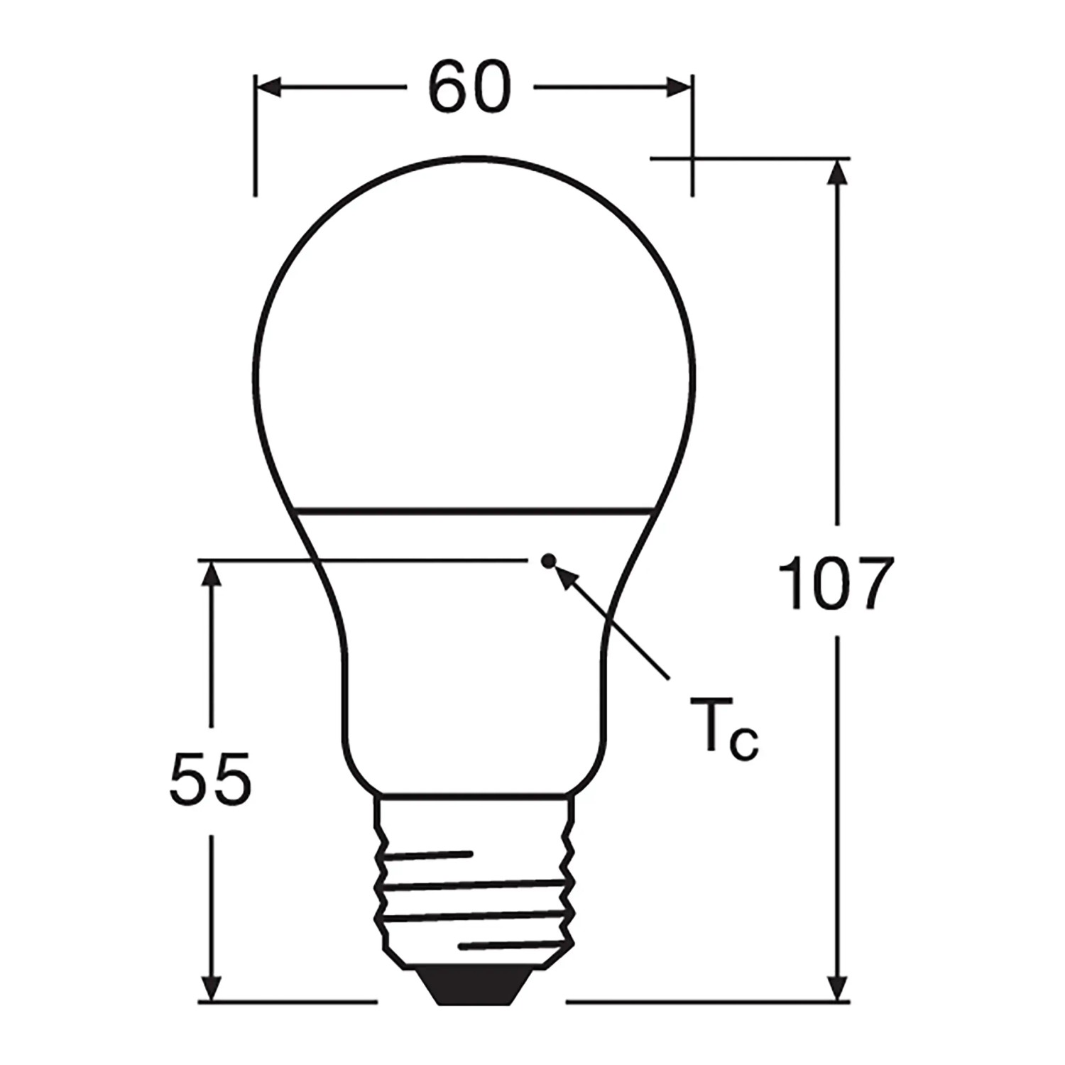 Technische Zeichnung Osram LED E27 Leuchtmittel, Glühlampenform, Maße: 11,3 x 6 cm (H x Ø).