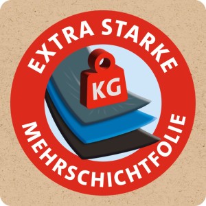 Rotes Logo "EXTRA STARKE MEHRSCHICHTFOLIE" für Swirl Schwerlast-Müllbeutel, mit Gewichtssymbol und 3-Schicht-Folie.