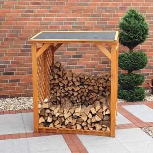 Honigbraunes Kaminholzlager aus Kiefernholz, 120x118x148 cm, mit Dachpappe und Gitterseiten.