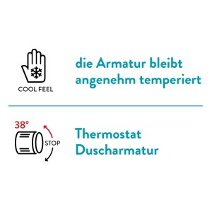 Infografik: baliv Thermostat-Duscharmatur mit Cool-Feel-Funktion für kühle Oberfläche und 38°C Temperatursperre.