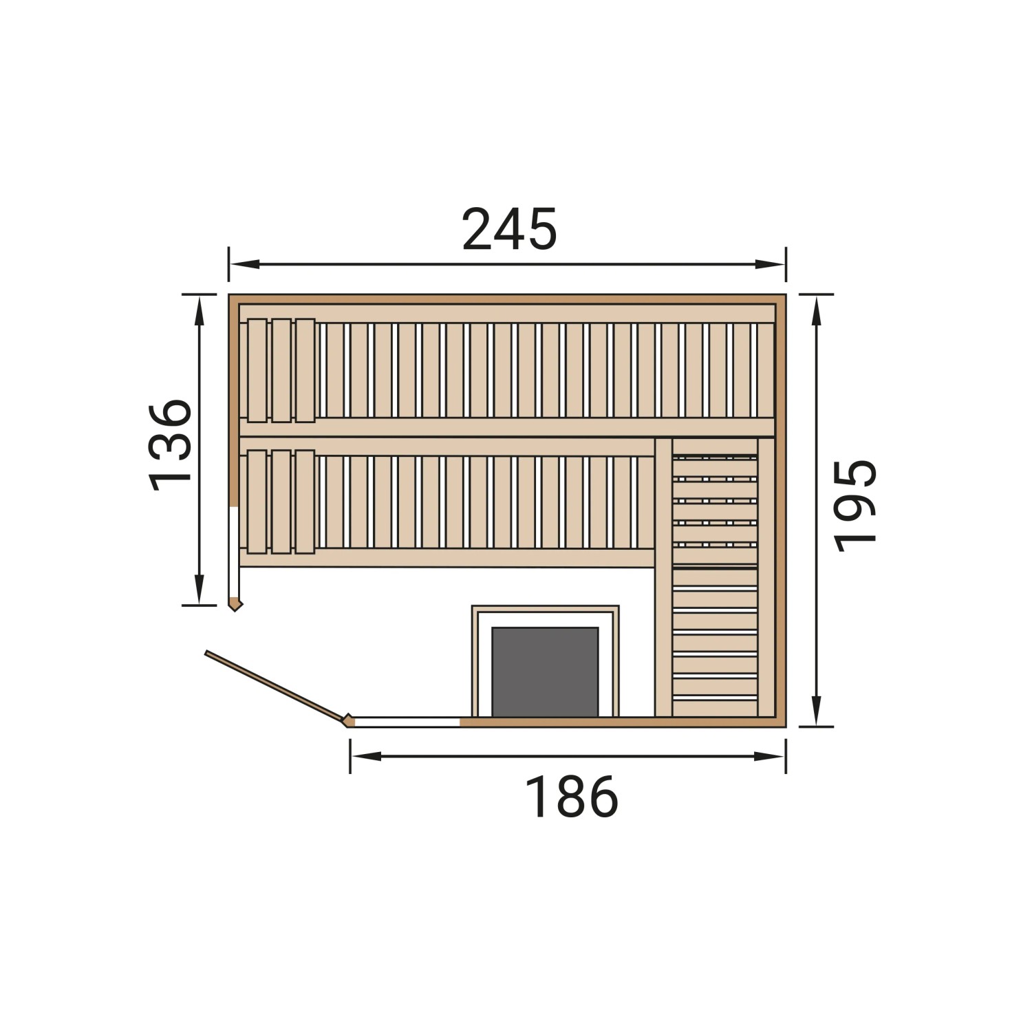 Grundriss der Weka Massivholzsauna Kemi Eck 2 mit Maßen. Elementsauna mit Glastür und Fenster.