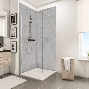 Begehbare Dusche mit Schulte Duschrückwand Decodesign Stein Grau hell, fugenloser Fliesenersatz.