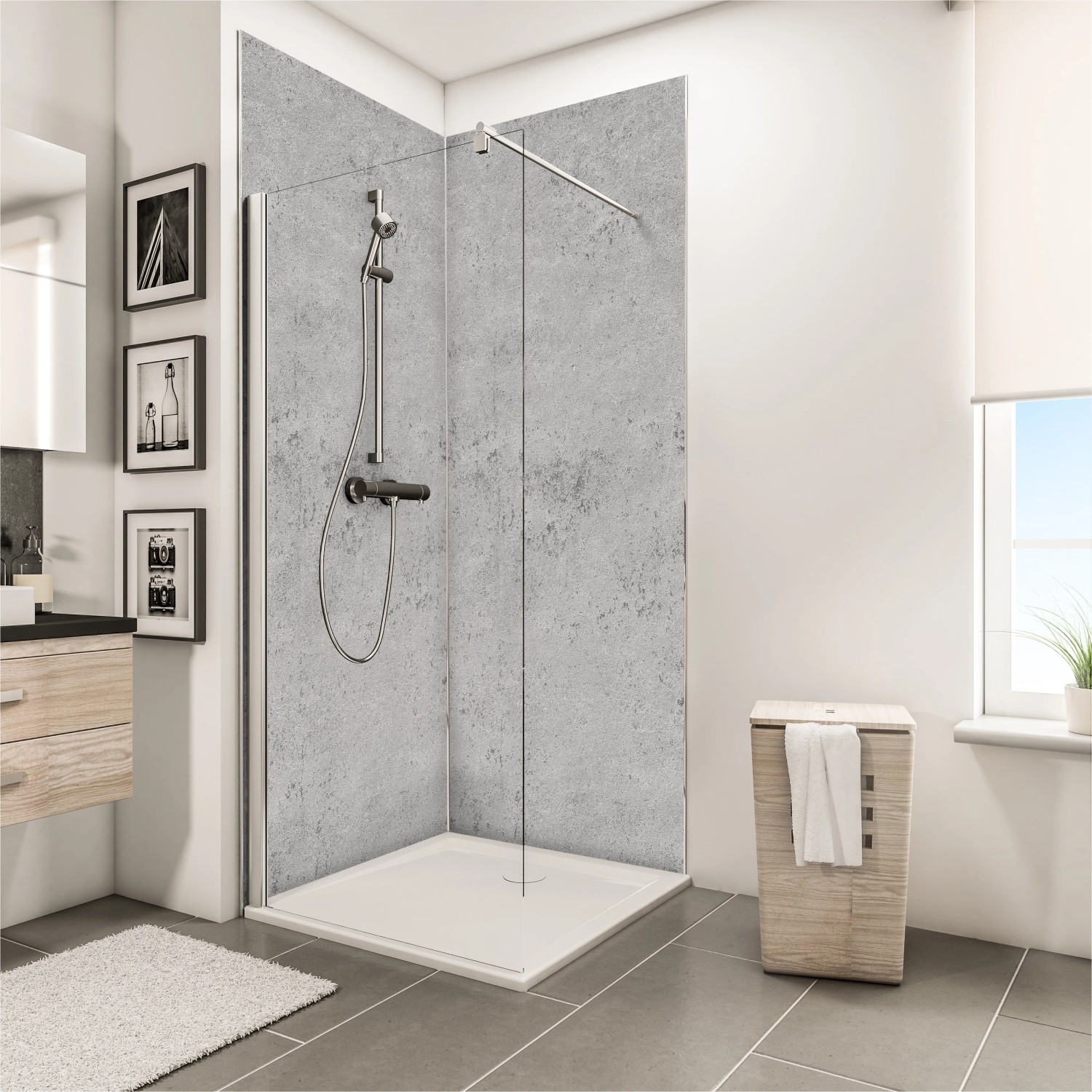 Begehbare Dusche mit Schulte Duschrückwand Decodesign Stein Grau hell, fugenloser Fliesenersatz.