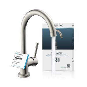 SCHÜTTE CORNWALL Einhebelmischer, gebürsteter Edelstahl, mit hohem, schwenkbarem Auslauf und Wasserstrahl.