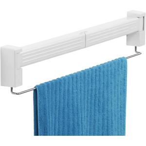 Wenko Wandtrockner Butterfly, weiß, mit blauem Handtuch. Platzsparender Wäscheständer für die Wand.