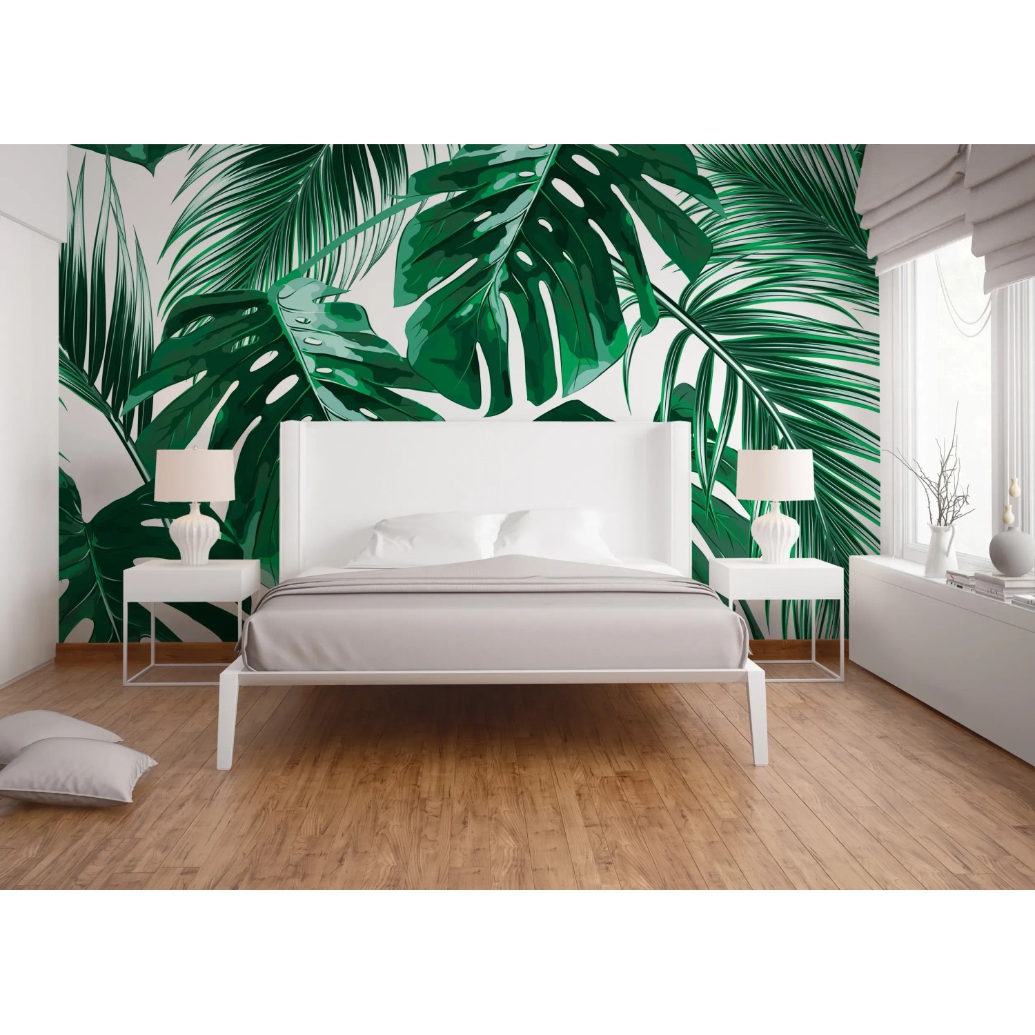 Schlafzimmer mit Fototapete Palmenblätter in Grün und Weiß. Tropisches Flair für Ihr Zuhause.