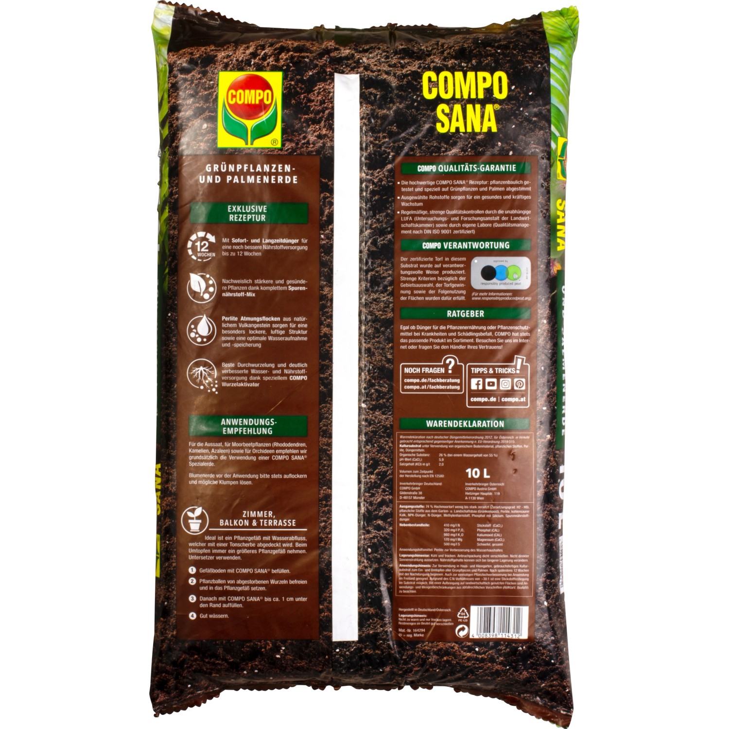 Sack Compo Sana Grünpflanzen- und Palmenerde, 10 l. Spezialerde für gesunde Pflanzen.