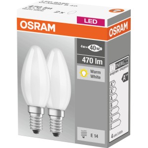 2er Set Osram LED-Leuchtmittel E14 Kerzenform, 4W, 470lm, warmweiß.