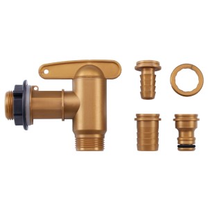 Garantia Auslaufhahn-Set Aqua Quick, 4-teilig, in Messingoptik mit Adaptern für Regentonnen.