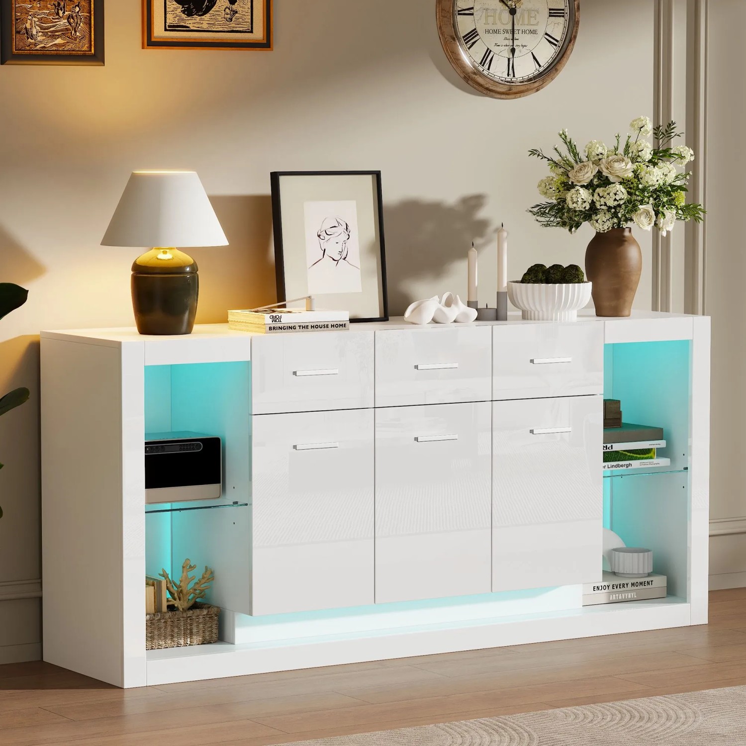 okwish Beistellschrank mit LED Lichtleiste Schubladen Wohnzimmer 160x40x75cm Weiß kaufen bei OBI