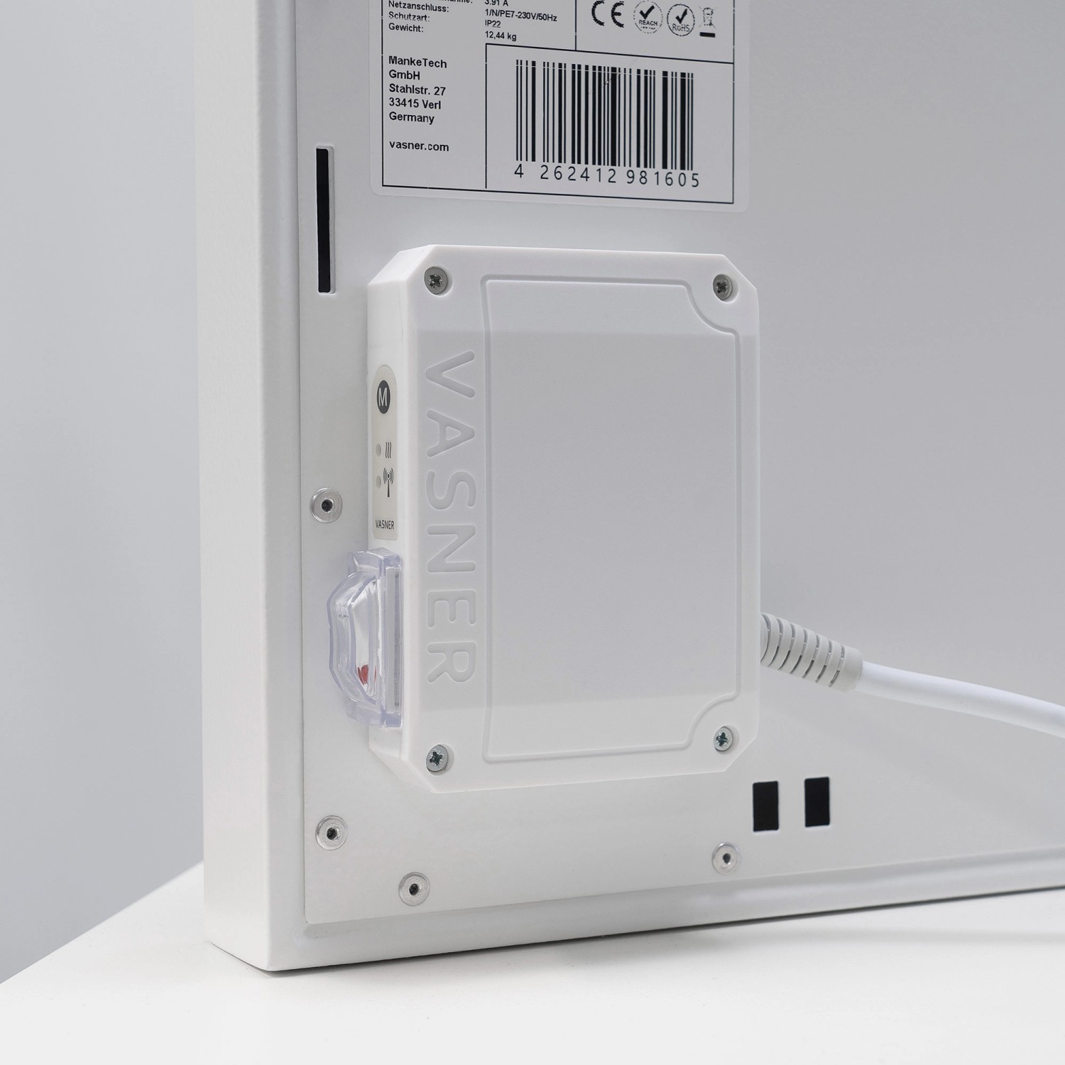 Rückansicht der weißen Vasner Konvi RX 600W Hybrid-Infrarotheizung mit Funkempfänger.