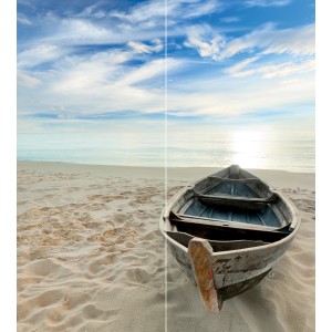 Schulte Duschrückwand mit Ruderboot-Motiv über Eck, Strand und Meer für Badgestaltung.