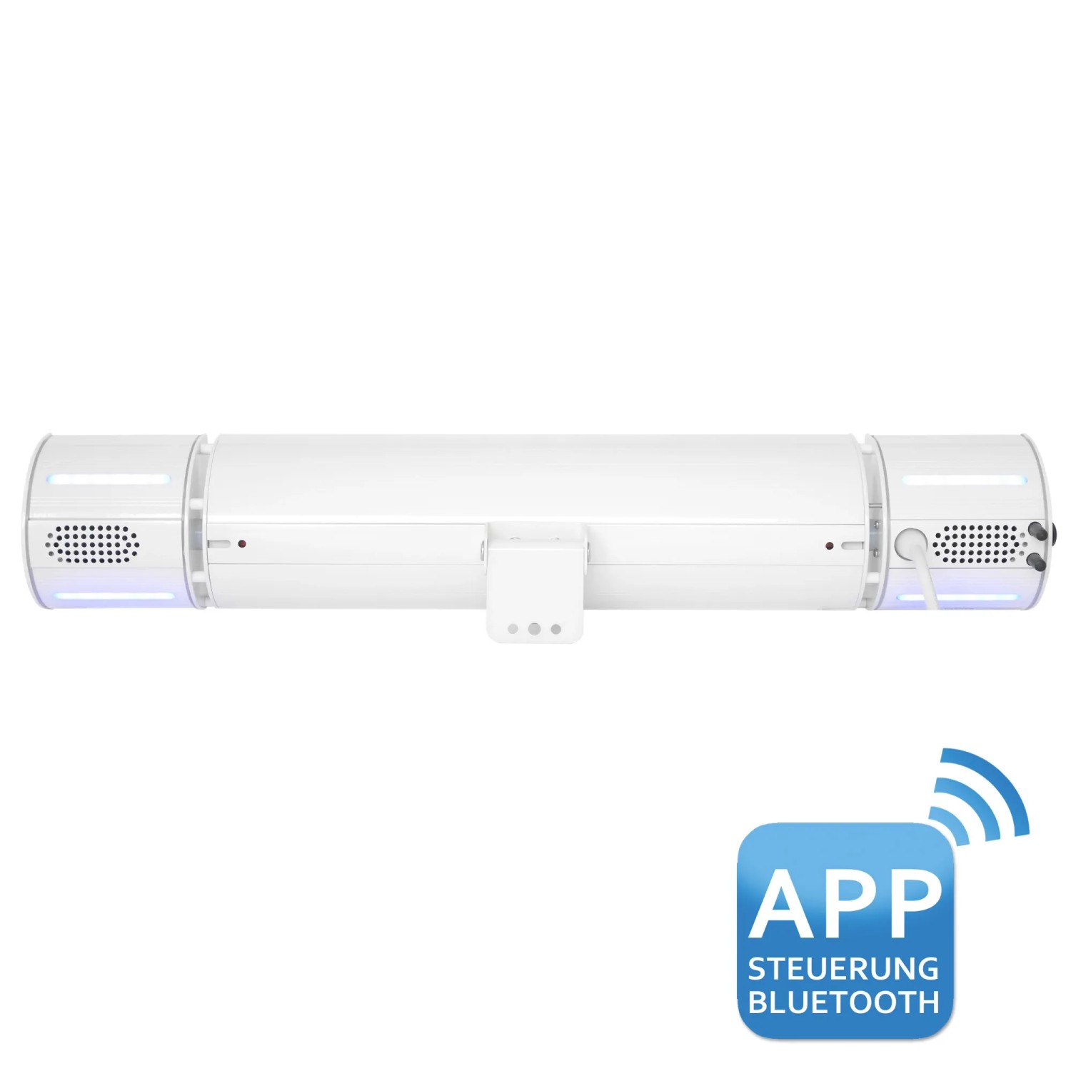 Weißer VASNER Appino BEATZZ Bluetooth Infrarot-Heizstrahler mit Musik-Box und App-Steuerung.