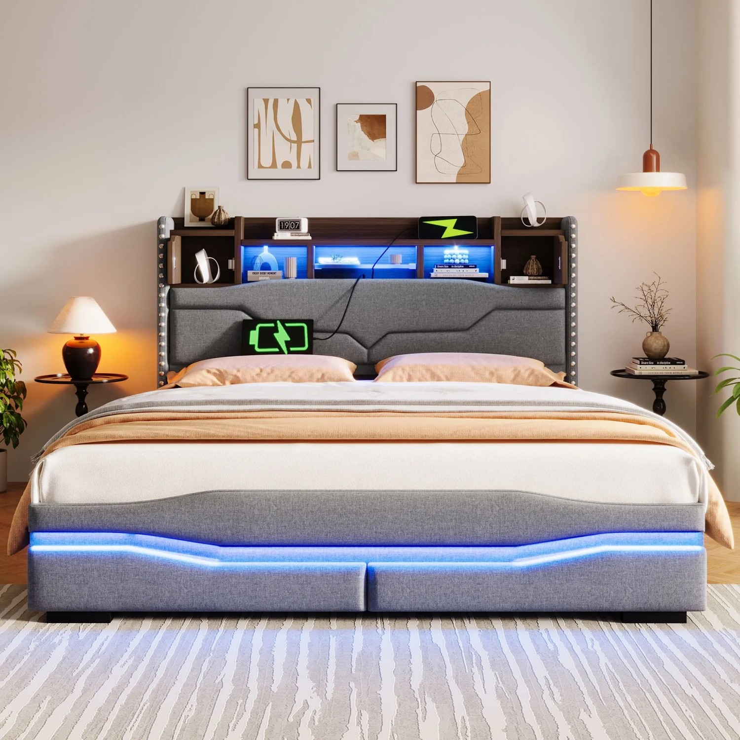 okwish Polsterbett 160x200cm mit LED USB C Hydraulik Staufach Schlafzimmer Grau ohne Matratze_4