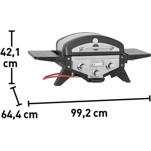 Jamestown Braxton Gas-Tischgrill mit 2 Brennern und Seitenablagen, Maße sind eingezeichnet.