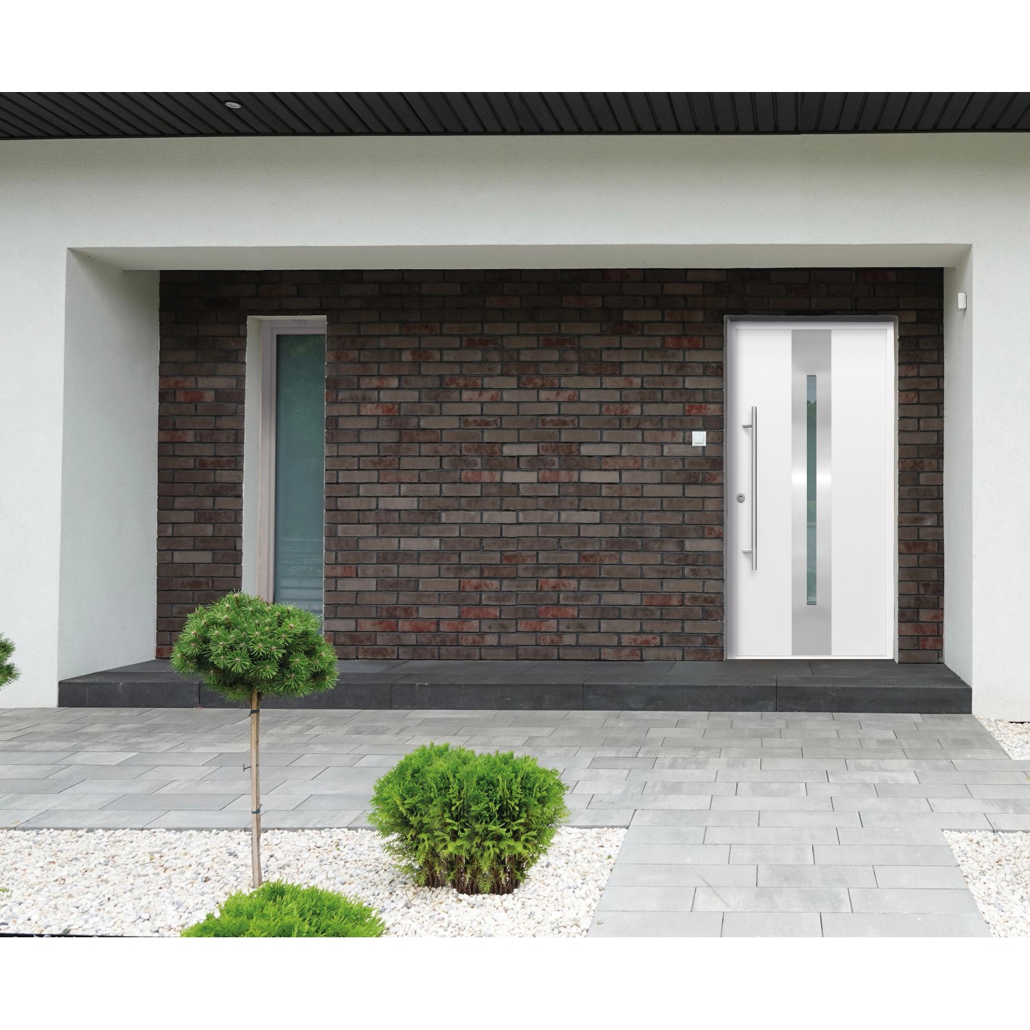 Weiße Sicherheits-Haustür ThermoSpace Prime Dublin RC2 mit Glasausschnitt und Edelstahlgriff.