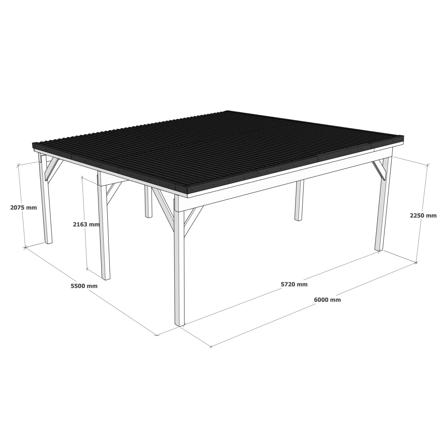 Holzbrüder Doppelcarport Ralf, anthrazitgrau, 600x600 cm, mit dunkelgrauem Blechdach. Technische Zeichnung.