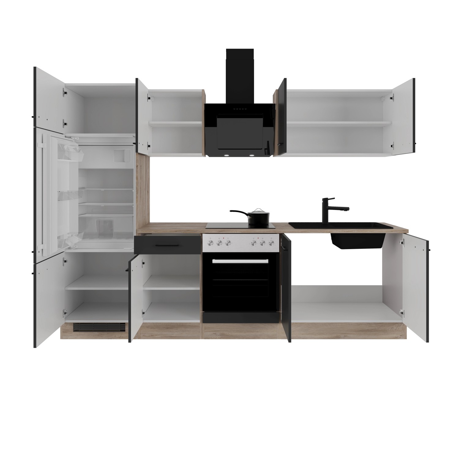 Flex-Well Exclusiv Küchenzeile Capri 270 cm Schwarz Matt-Endgrain Oak_2