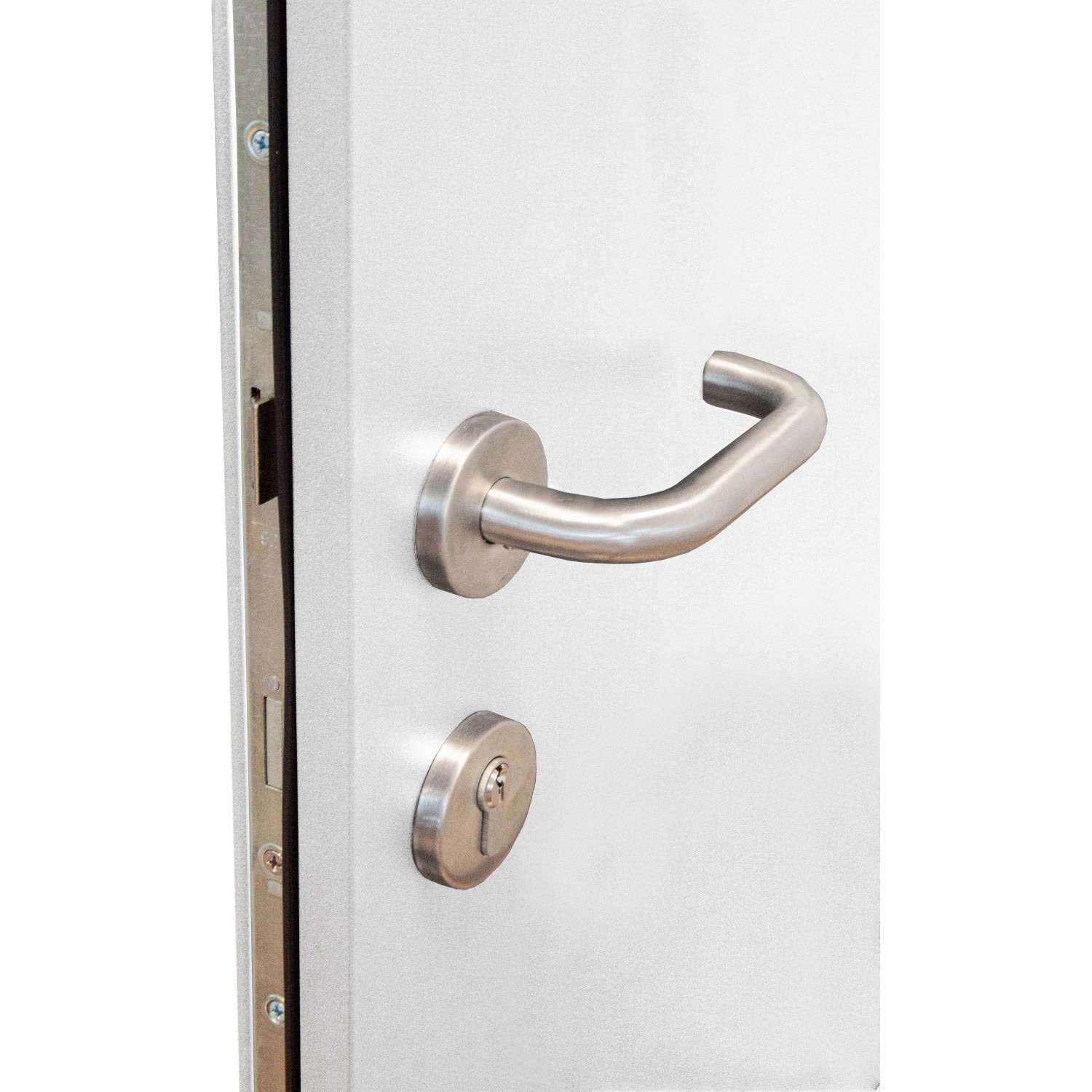 Detailansicht: Weiße Sicherheits-Haustür Milano Prime RC2 mit Edelstahlgriff und Schloss.