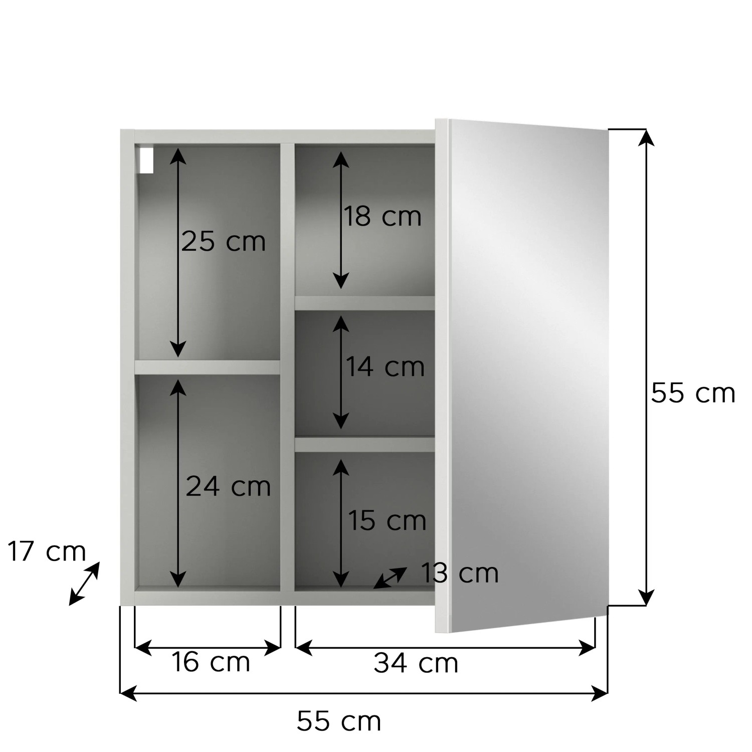 Spiegelschrank, hellgrau-grau, 55x55x17cm, mit einer Tür und Innenmaßen. Badmöbel zur Aufbewahrung.