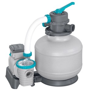 Sandfilteranlage mit Zeitschaltuhr für Pools. Heller Filtertank, graue Pumpe, türkise Ventile. Für sauberes Poolwasser.