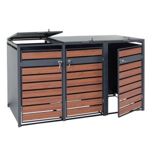 Mülltonnenbox J81 für 3 Tonnen, Kirsche-Holzoptik, dunkelbraun, abschließbar, mit Gasdruckfeder.