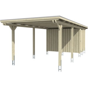 Skan Holz Einzelcarport aus Leimholz in Nussbaum, mit flachem Dach und Aluminiumplatten.
