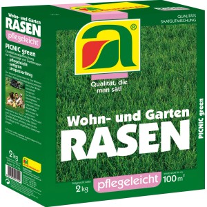Austrosaat Zierrasen Picnic green, 2 kg Packung für ca. 100 m² Gartenfläche.