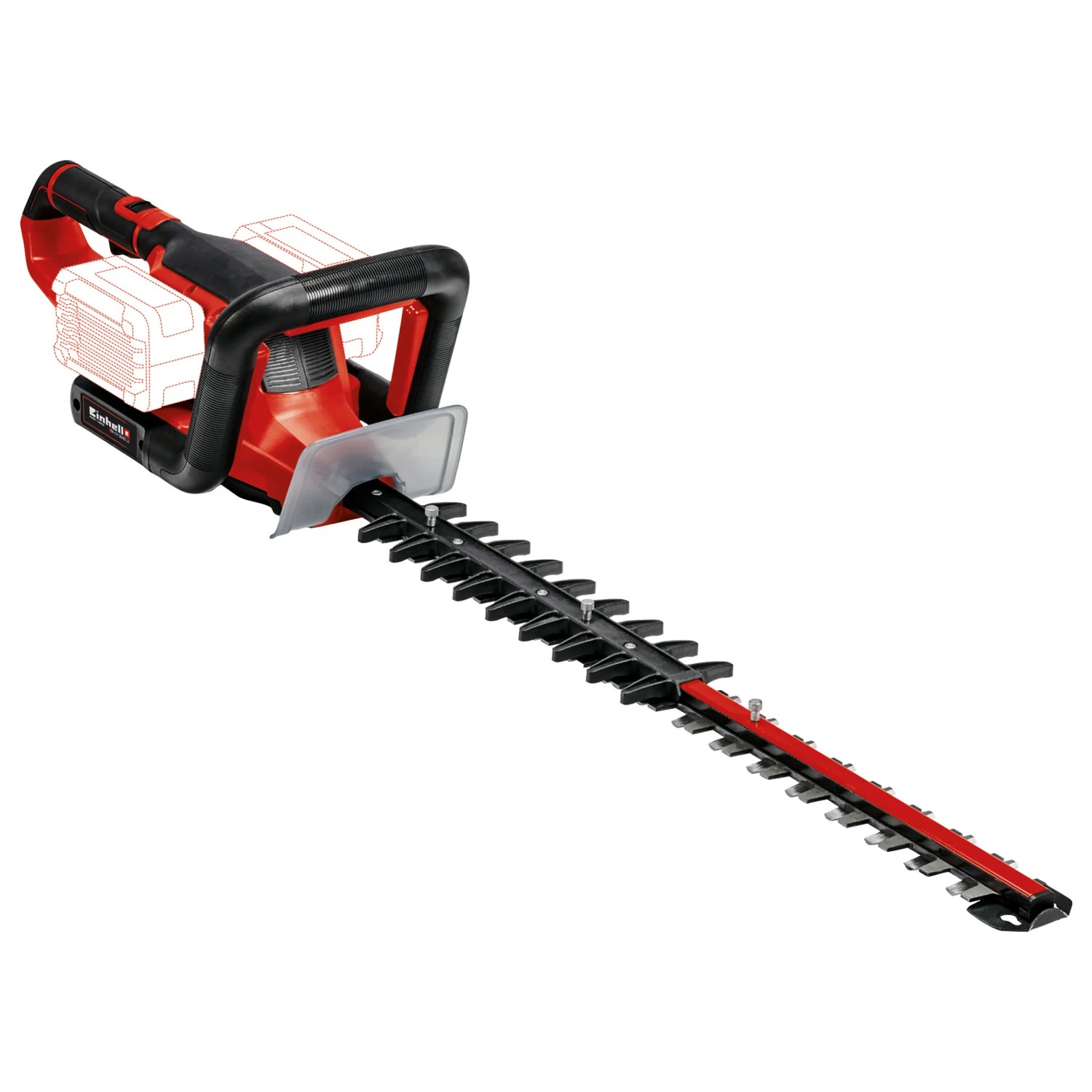 Einhell Akku-Heckenschere GE-CH 36/65 Li-Solo (ohne Akku). Rot-schwarze Heckenschere mit langem Schwert.