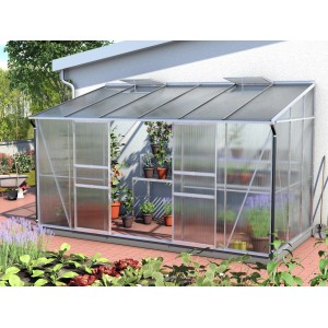 Vitavia Anlehn-Gewächshaus Ida 7800 mit Alu-Rahmen und Hohlkammerplatten, an Hauswand montiert.