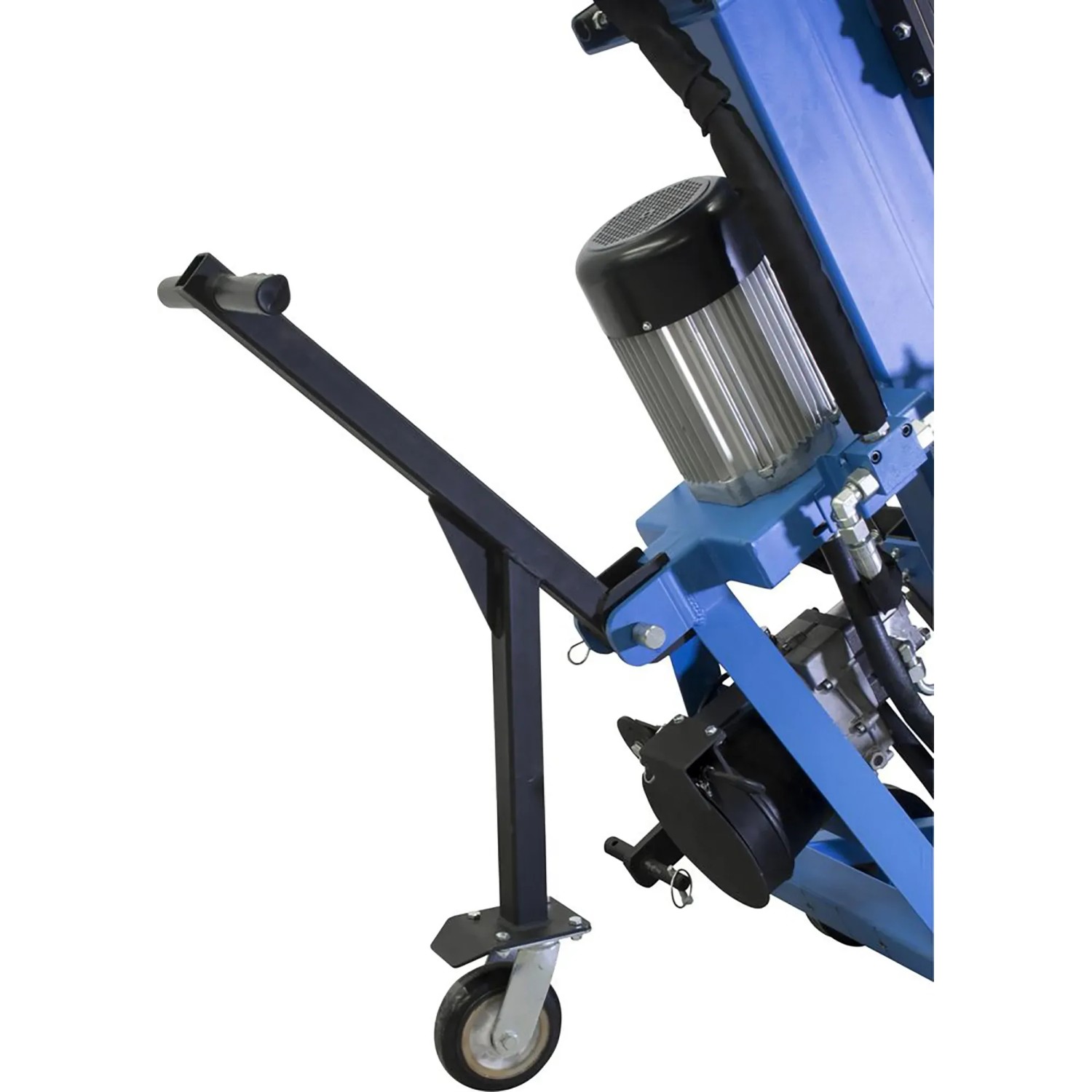 Detailaufnahme: Güde Langholzspalter GHS 1000/14TEZ-A mit Transportdeichsel und Lenkrolle.