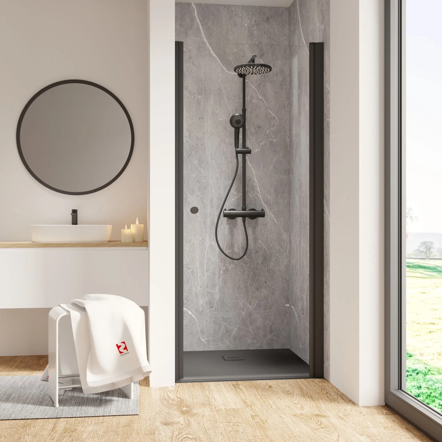 Schulte Duschkabine Drehtür Trend 2.0 – 90x90 Cm, Sicherheitsglas Grau-Anthrazit, Profil Mattschwarz