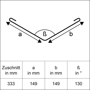 Technische Zeichnung Kehlblech Alu Natur, Zuschnitt 333x1000 mm, Maße a=149 mm, b=149 mm, Winkel β=130°.