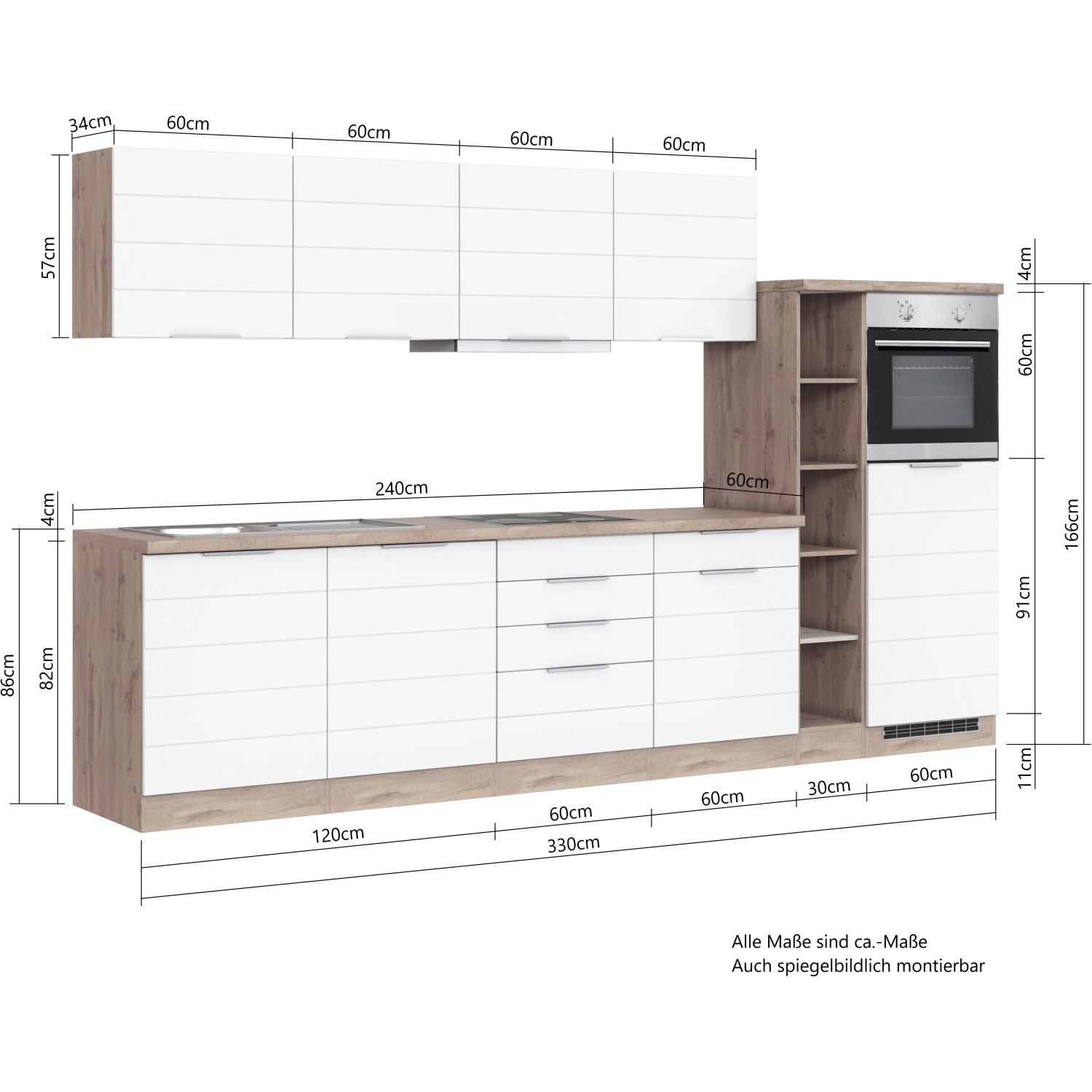 Moderne Küchenzeile (300 cm) in Weiß-Wotaneiche Optik mit E-Geräten. Einbauküche mit Backofen, Induktionskochfeld, Kühlschrank und Geschirrspüler.