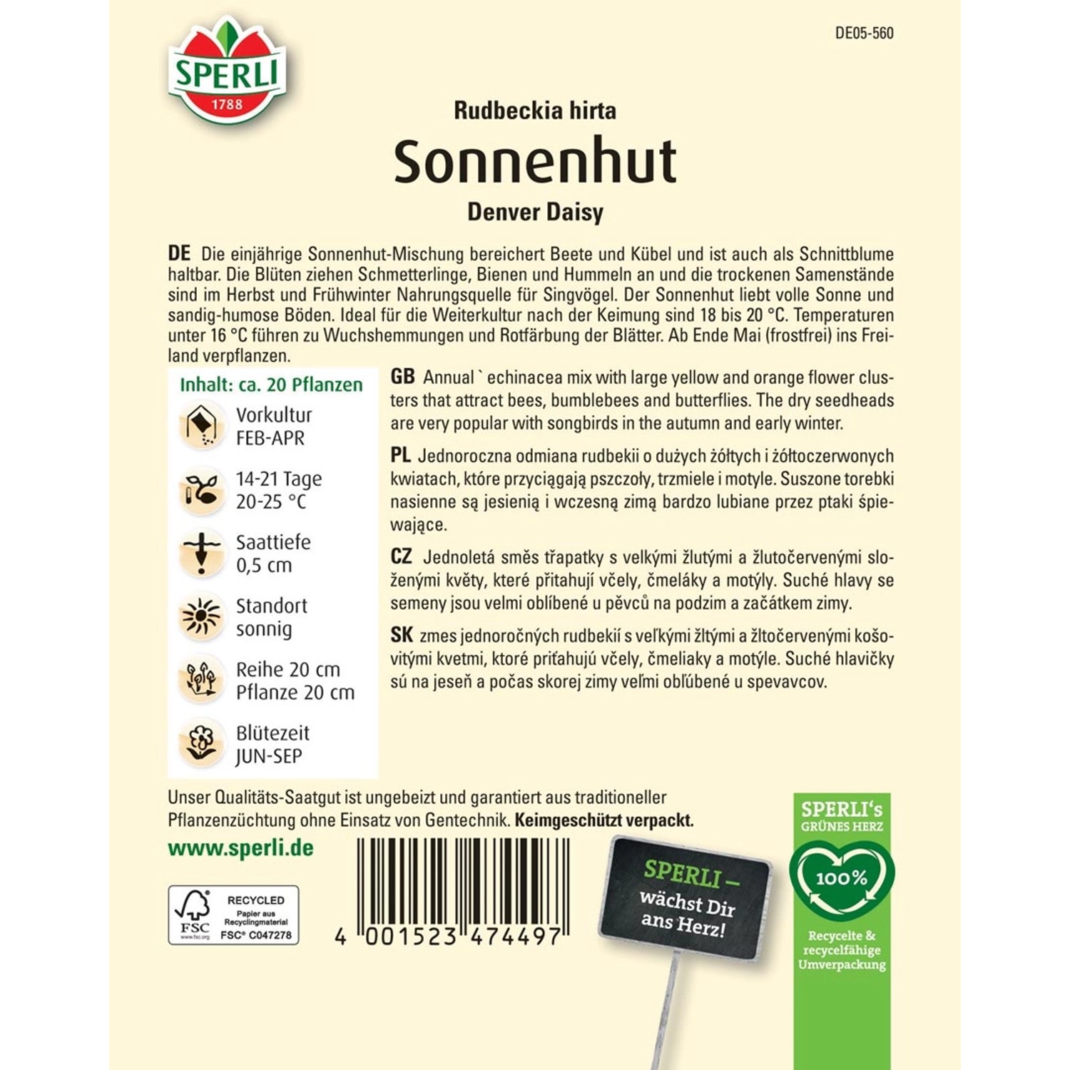 Samenpackung Sperli Sonnenhut Denver Daisy (Rudbeckia hirta) mit gelb-roten Blüten.