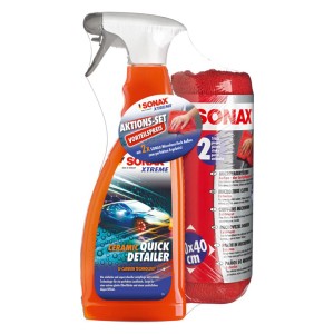 Sonax Xtreme Ceramic Quick Detailer Set mit Sprühflasche und 2 Microfasertüchern für Autopflege.