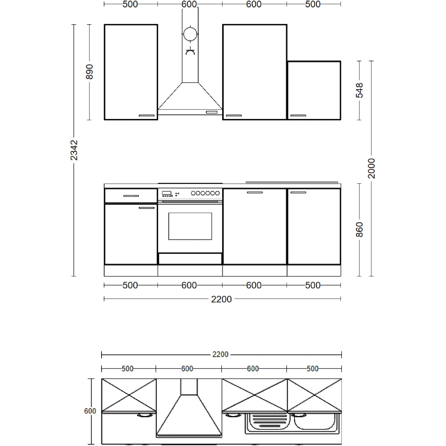 Skizze der Flex-Well Exclusiv Küchenzeile Abaco, 220 cm, Perlmutt/Akazie, mit Maßen.