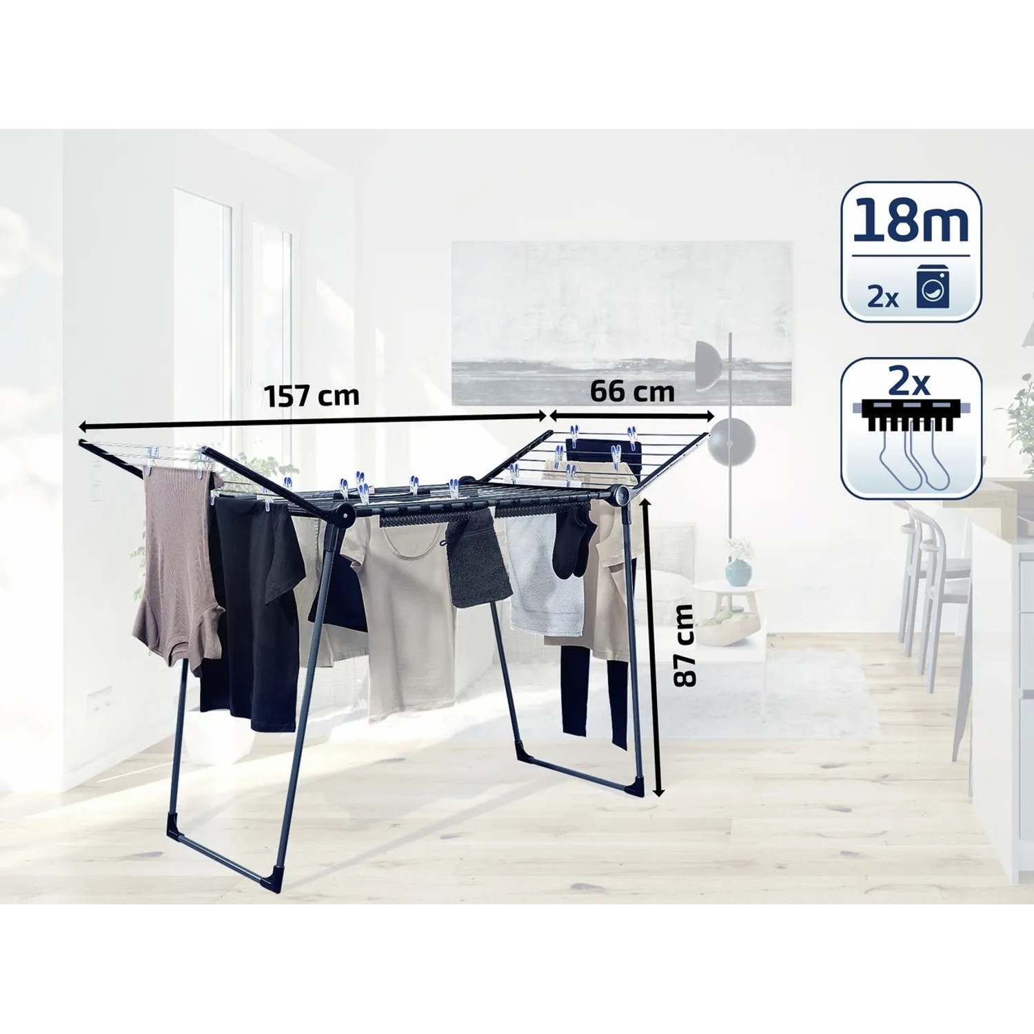 Leifheit Standtrockner Pegasus 180 in Schwarz-Anthrazit mit Wäsche. Wäscheständer mit 18m Trockenlänge.