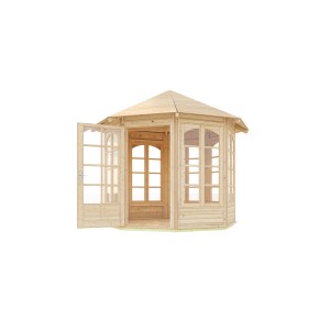 Weka 8-Eck Pavillon 234 B Natur mit Sprossenfenstern und geöffneter Doppeltür.