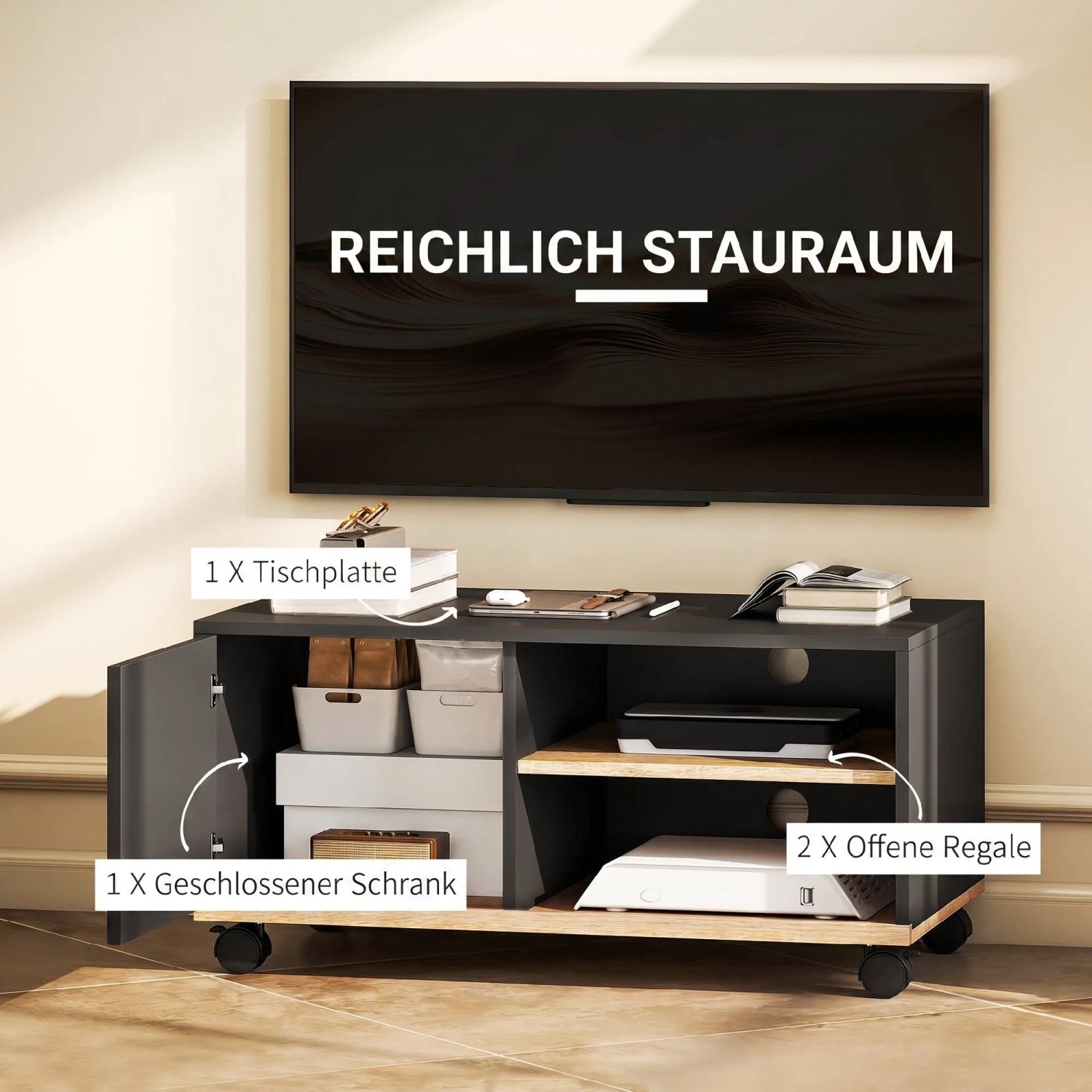 HOMCOM TV-Board schwarz-eiche auf Rollen. Modernes Lowboard mit geschlossenem Schrank & offenen Regalen für Stauraum.