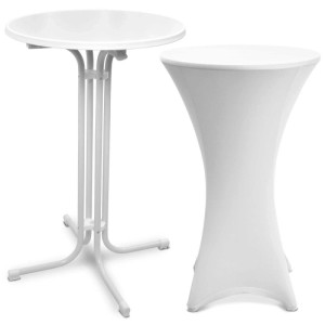 Weißer Beautissu Stehtisch Bellini (Ø 80cm) mit passender Stella Stehtischhusse.